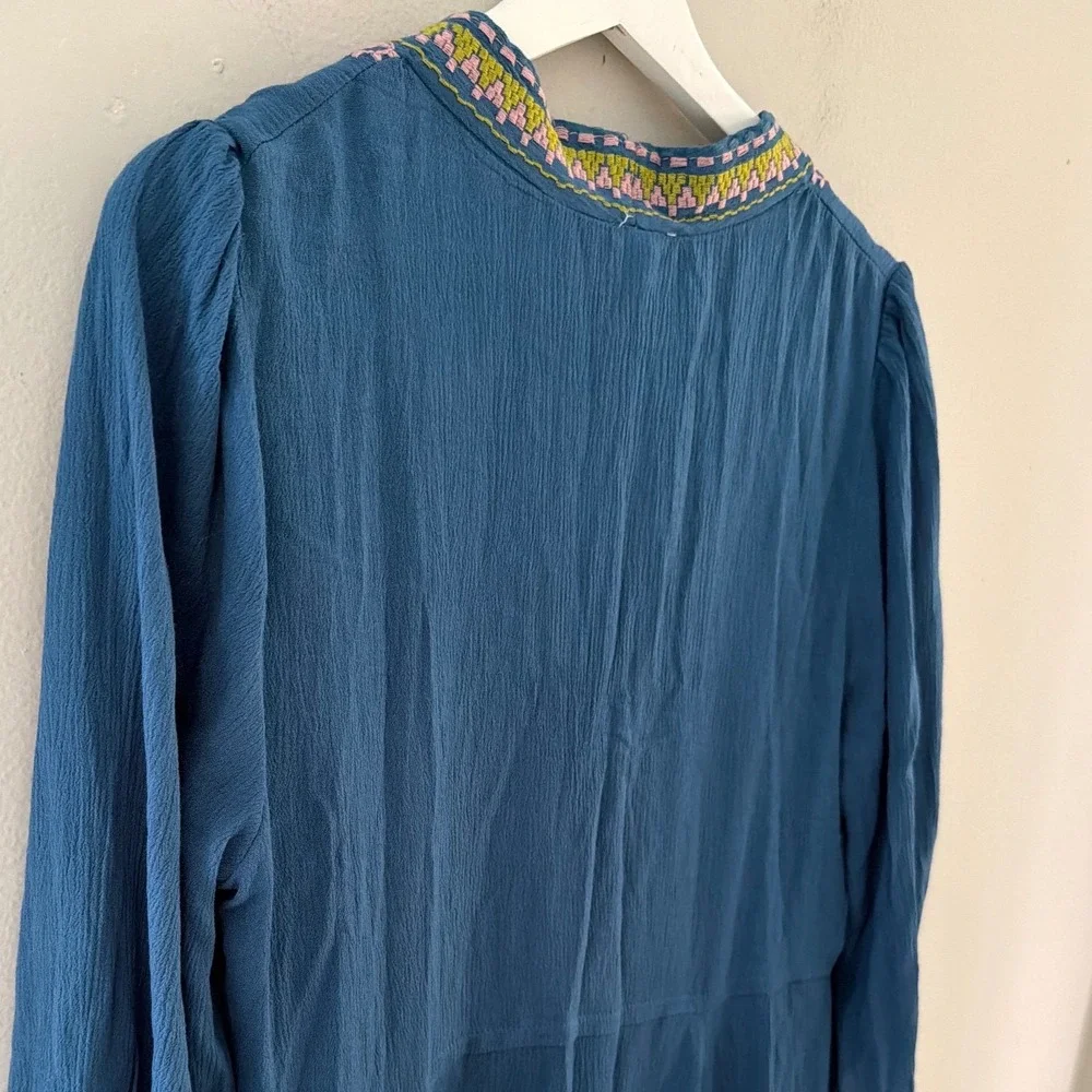 En Creme Womens Slate Blue Embroidered Babydoll Tunic Top Boho Rayon ED13940BL L